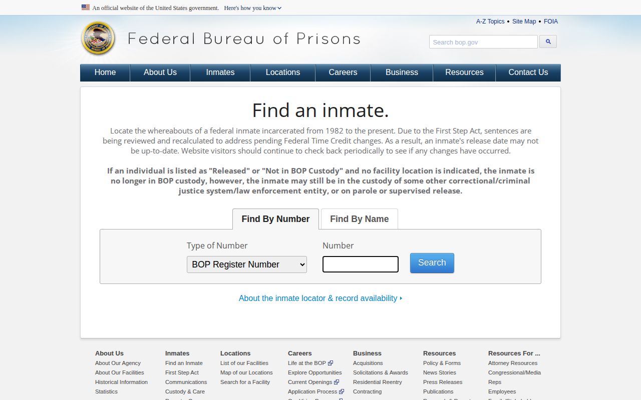 Federal BOP release locator outside Lowndes County VINELink coverage